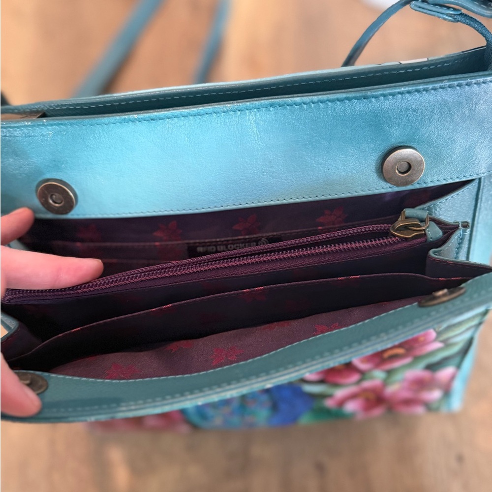 Anuschka Peacock Hand-Painted Blue Floral Crossbody Bag - Picture 6 of 15